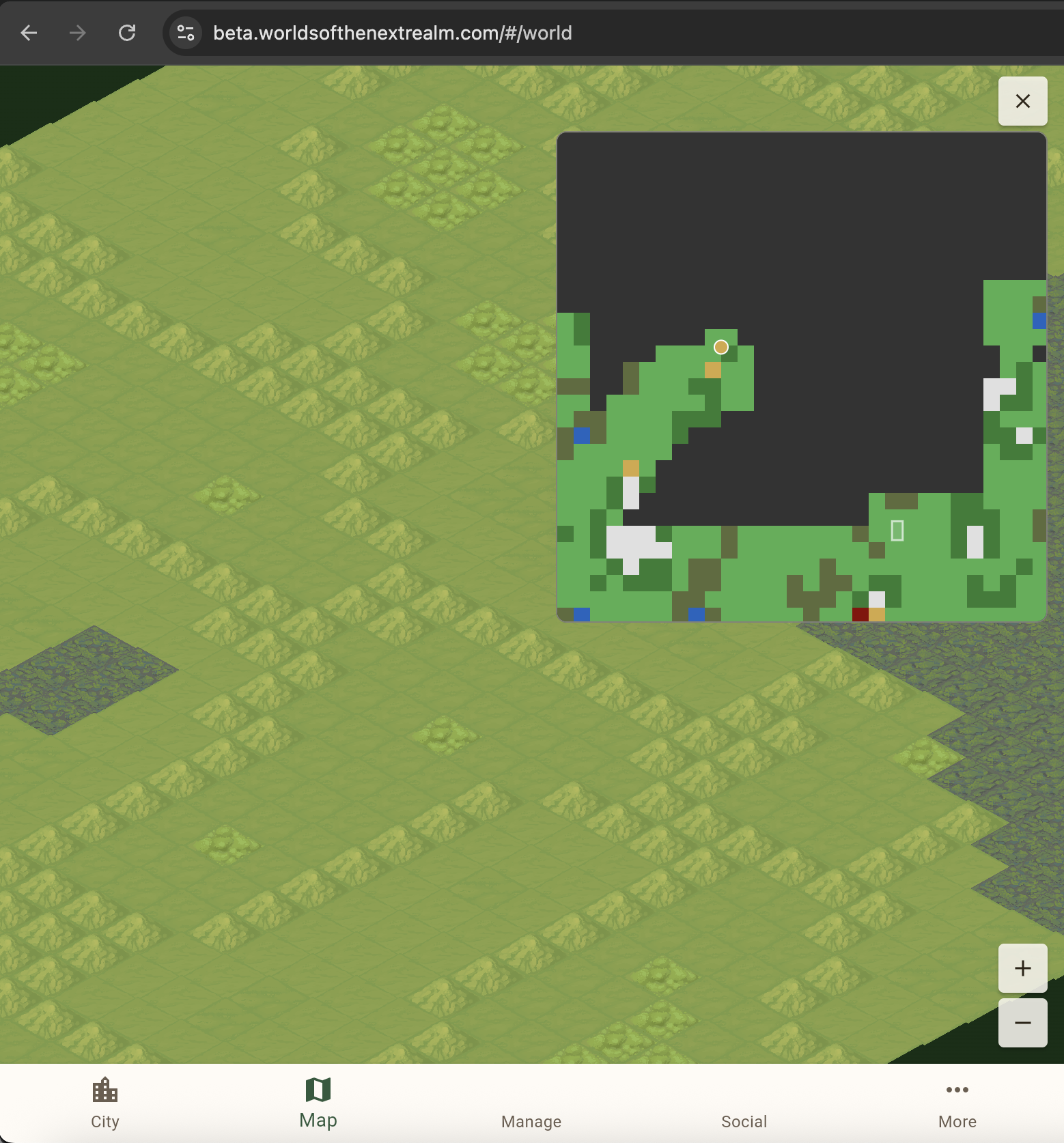 The v2 mini-map at 360px with full tile-resolution PNG rendering. The dark region is fog of war — chunks the player hasn’t explored yet. Compare the biome detail to the chunky v1 above.