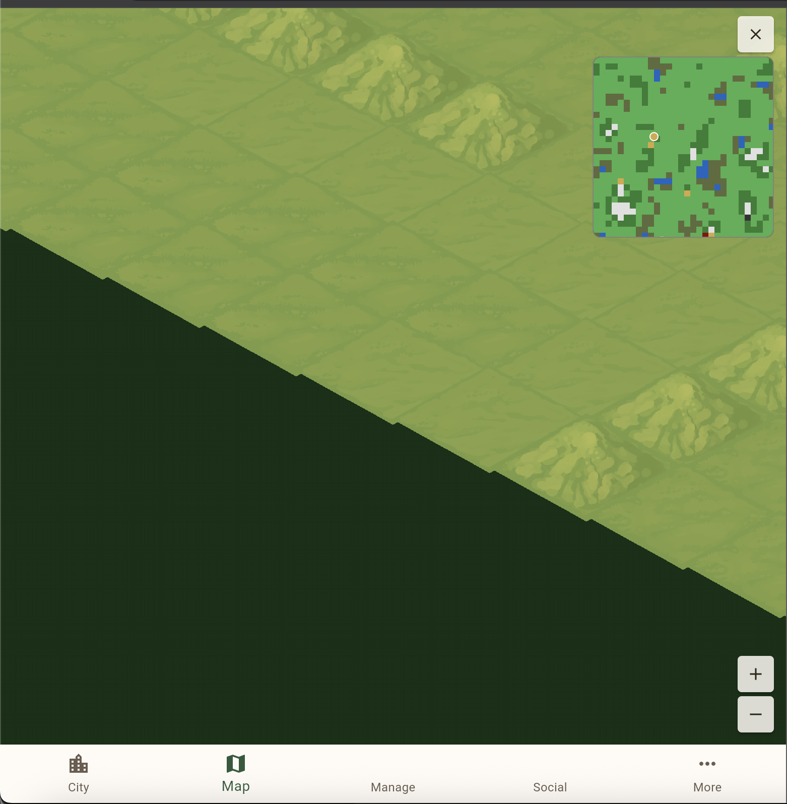 The v1 mini-map in the top-right corner, showing chunky 30x30 biome blocks. The dark green void bleeding through at the bottom-left is the edge problem that PR #168 fixes.