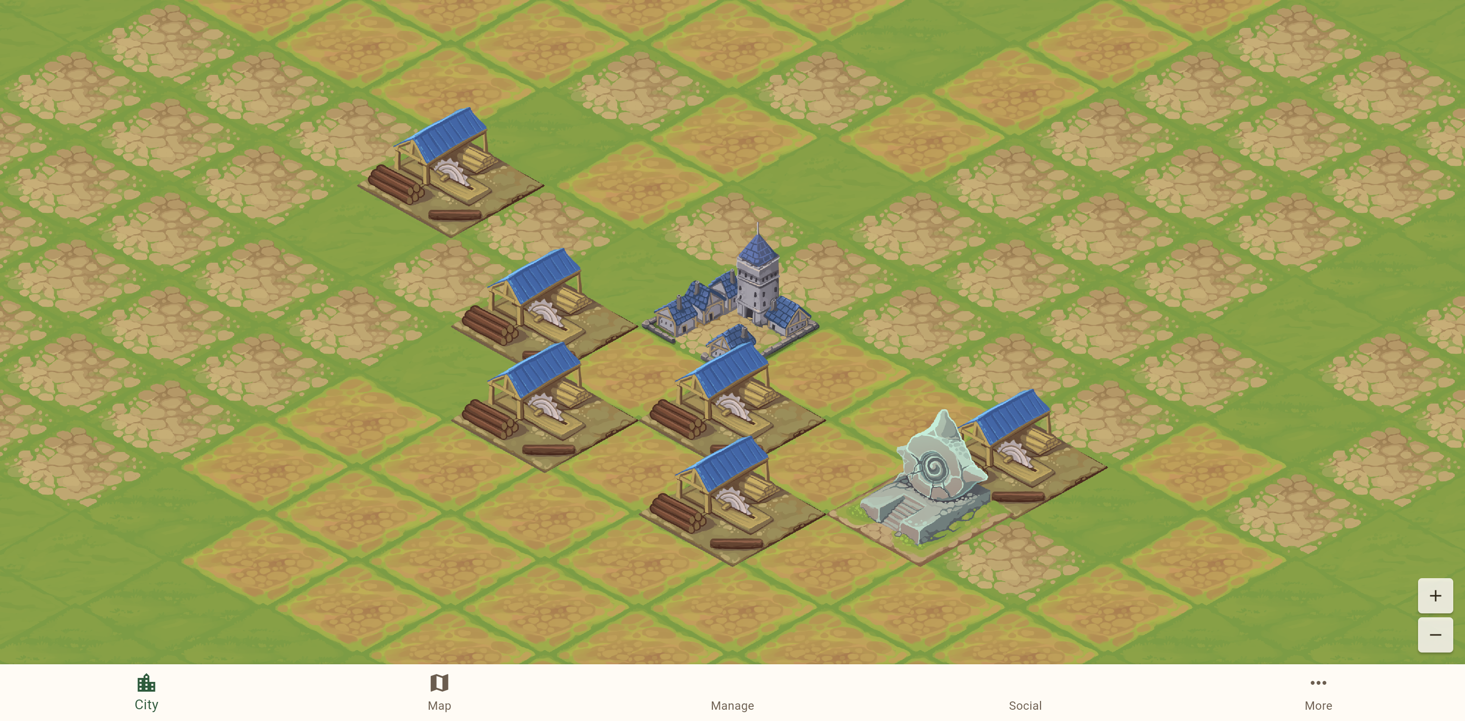 The city view showing an isometric settlement with sawmills, a town hall, and surrounding grassland tiles