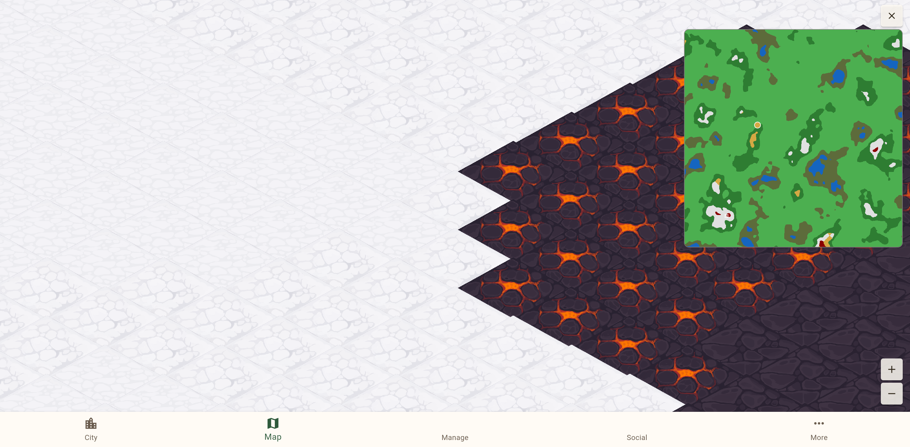 The volcanic lava biome meeting snow tundra — dark cracked earth glowing with orange lava next to pristine white snow tiles