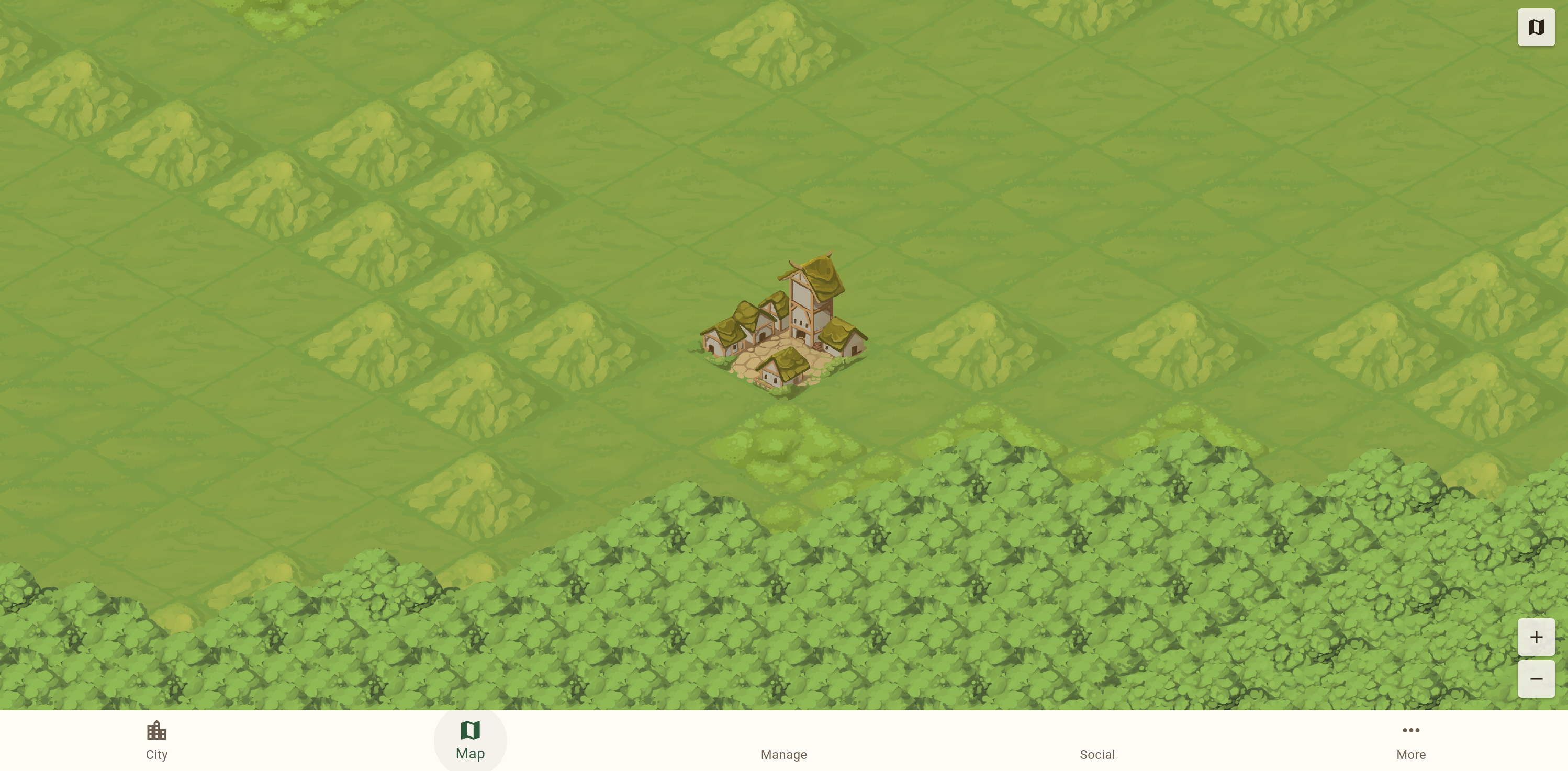 The world map showing the player’s village surrounded by grasslands and forest