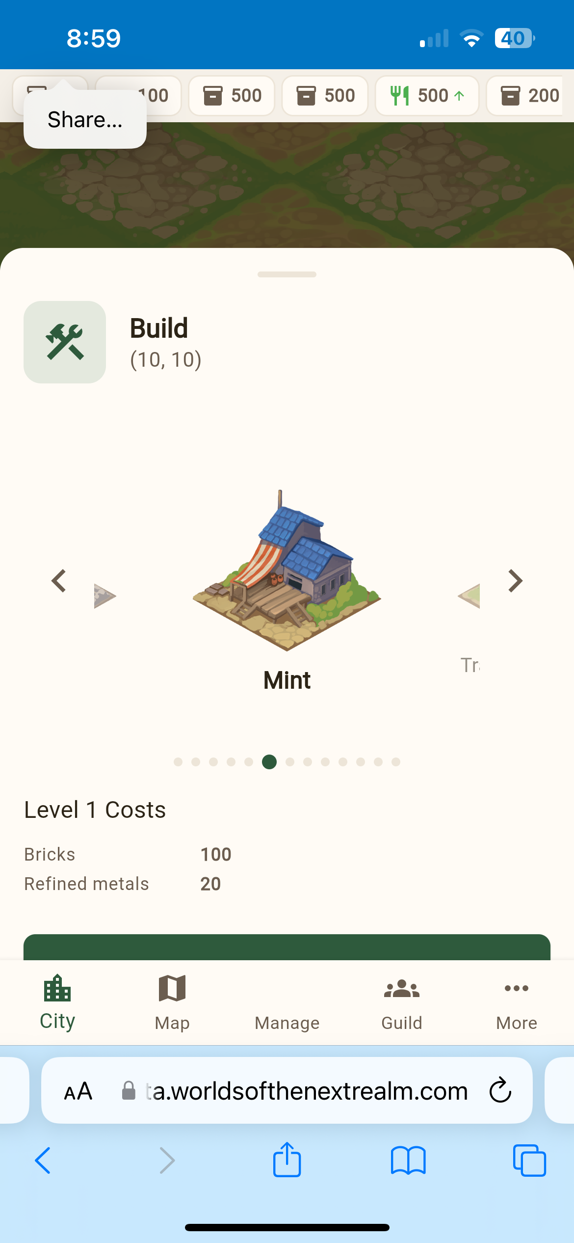 Mobile view of the game