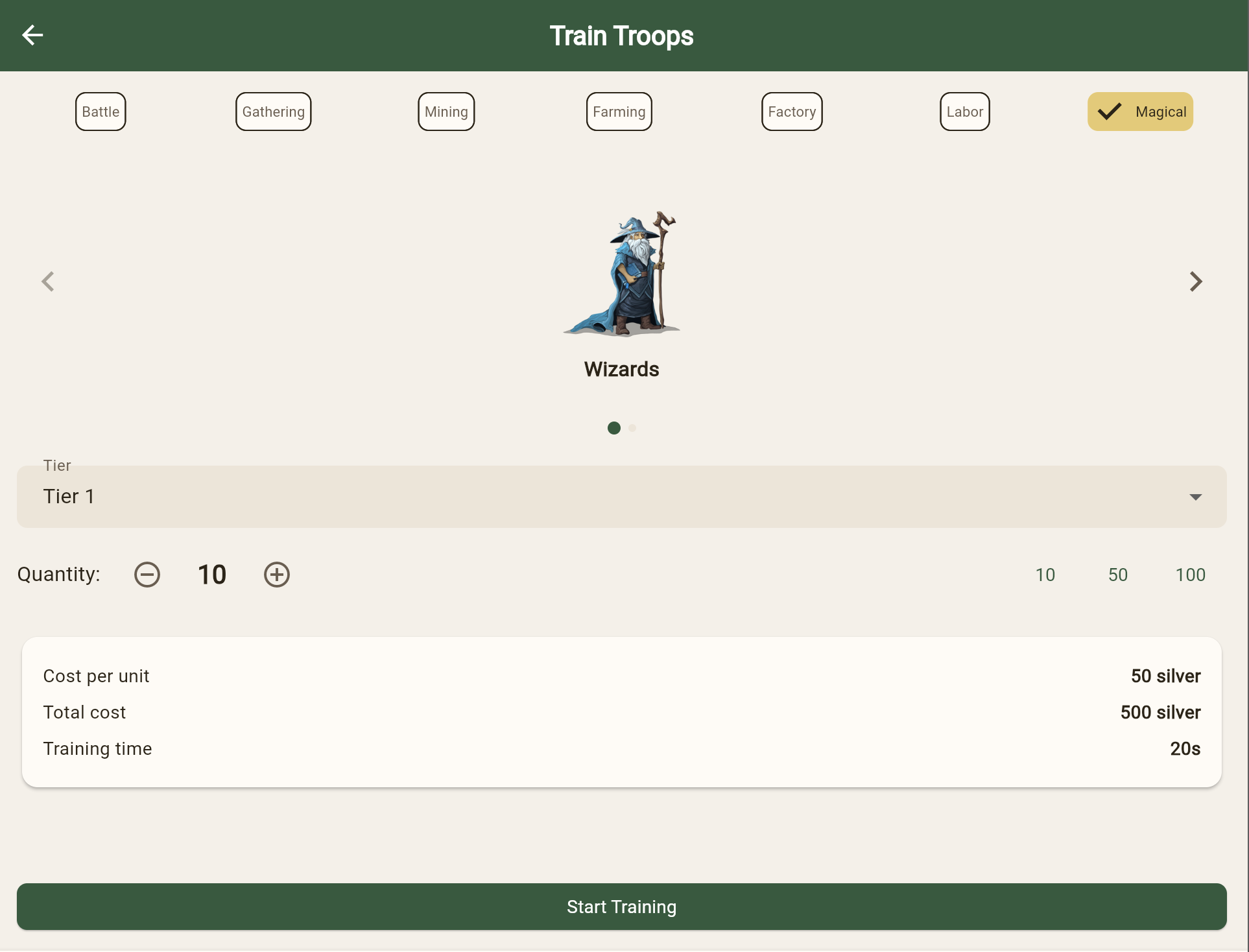 Troop training screen with category tabs and wizard character